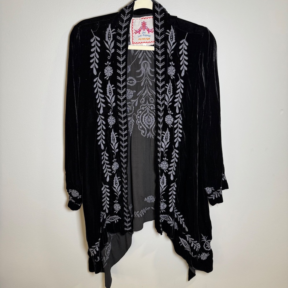 Johnny Was JW Los Angeles Black Silk Velvet Embroidered Kimono Jacket Large